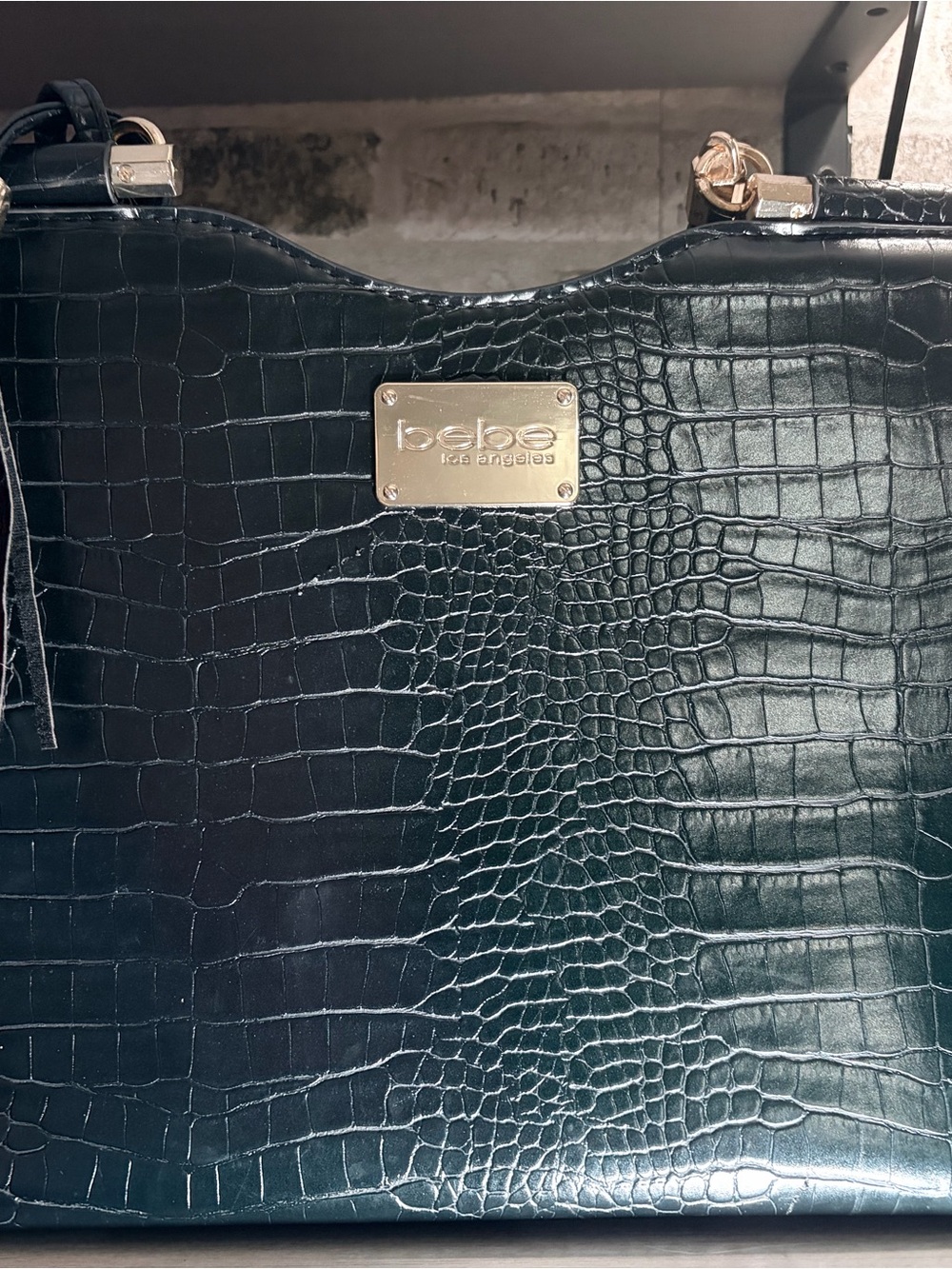 bebe Black Croc-Embossed Tasseled Handbag Tote
